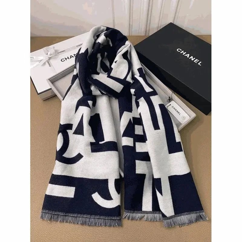 CHANEL Classic CC Logo Wool Scarf Navy White