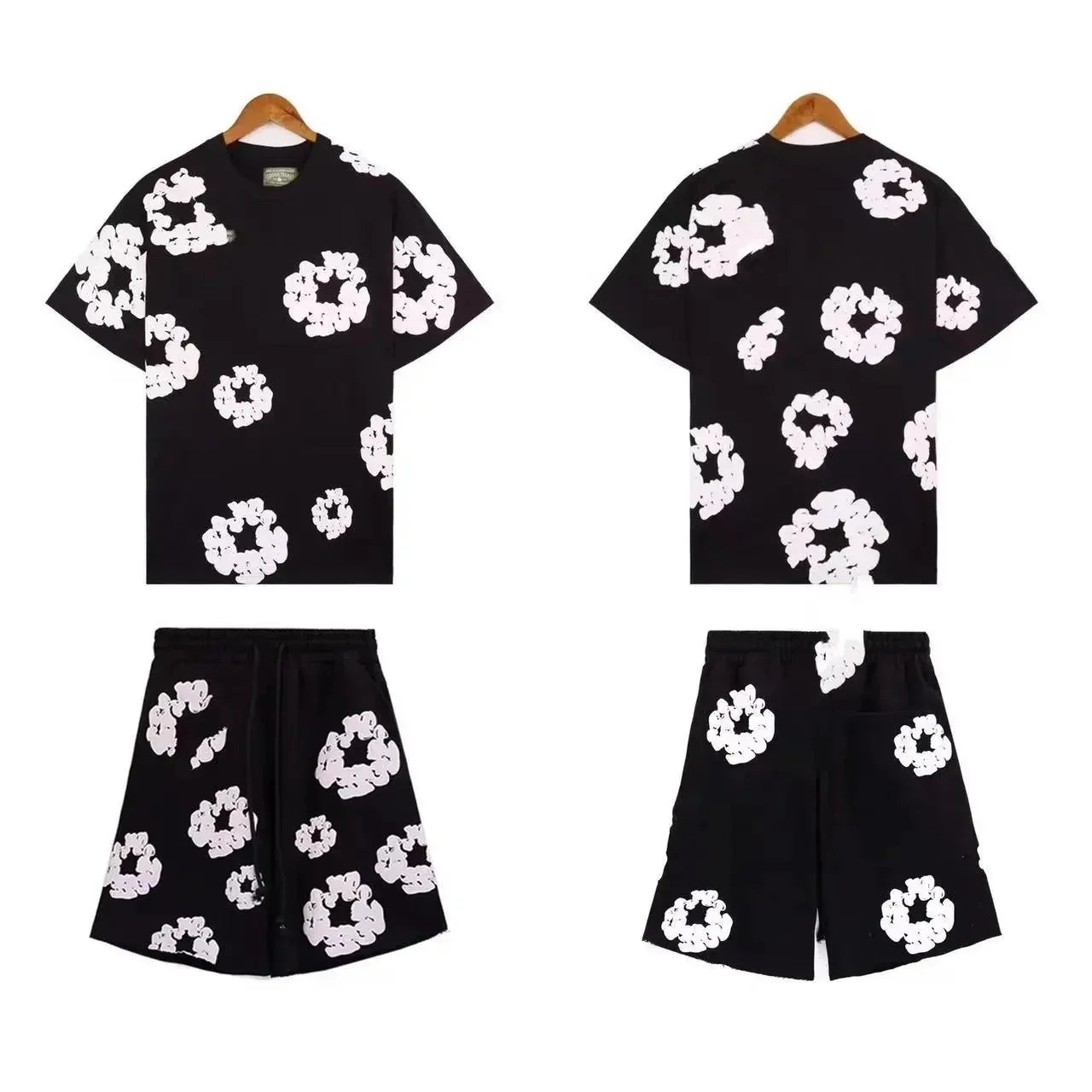 Black and White Floral Print T-Shirt and Shorts Set