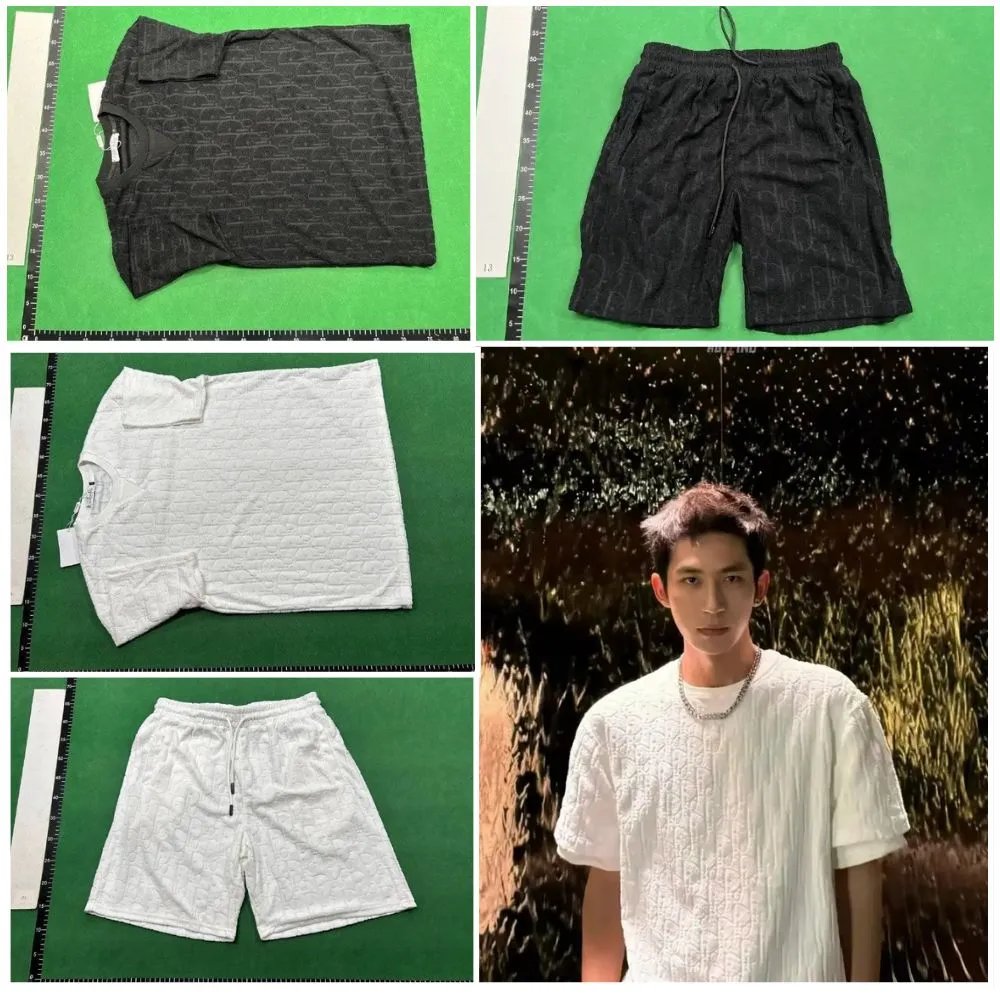 Men's Textured Cotton T-Shirt and Shorts Set - White & Black